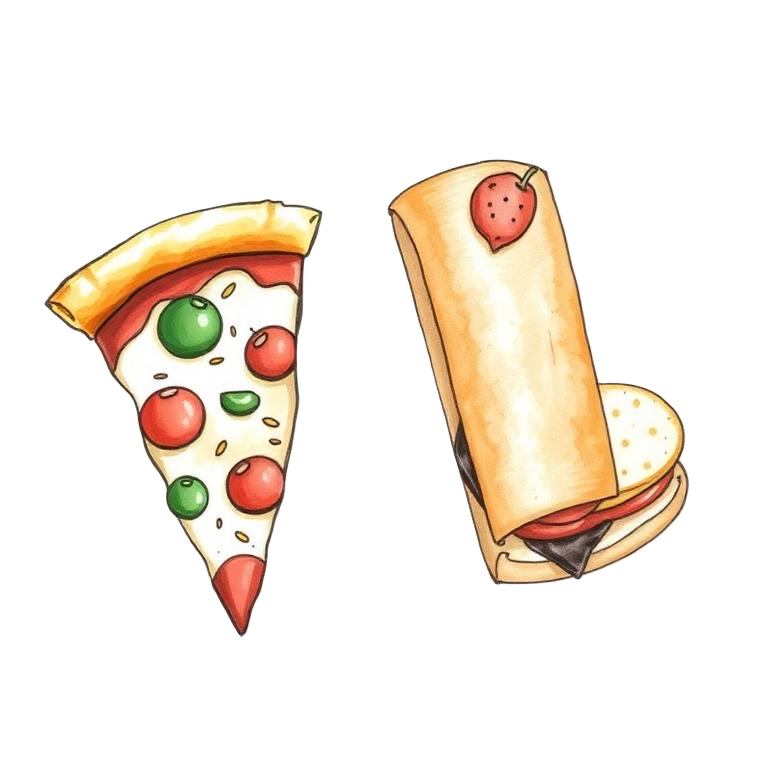 Ilustración de porción de pizza y bocadillo