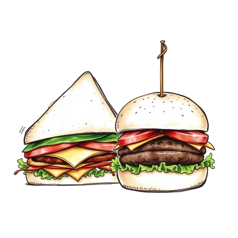 Ilustración de sándwich club y hamburguesa con patatas